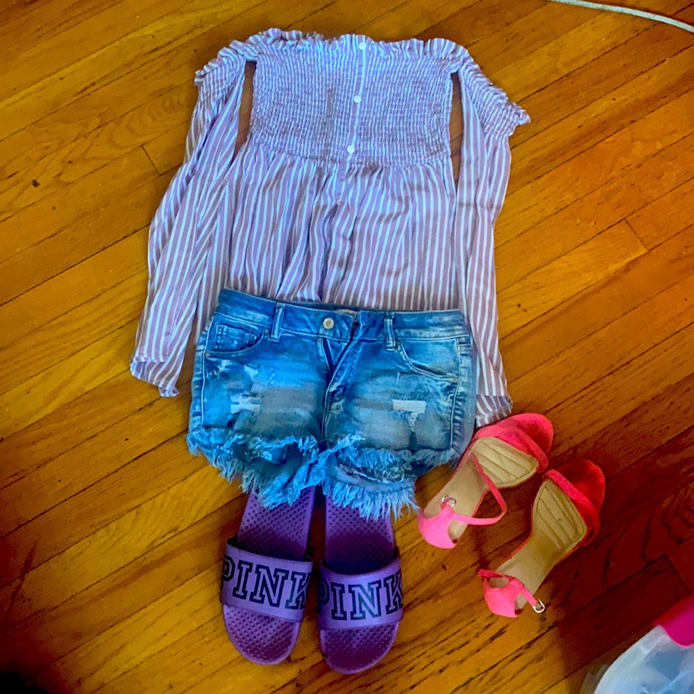 Brown flare out shirt small forever21 shorts small house shoes 10 pink heels 10